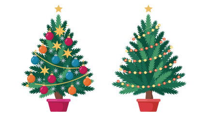  decorated christmas trees with ornaments, lights and star topper, festive holiday pine tree illustrations isolated on white background for winter celebration and seasonal design