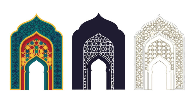 Three ornate islamic archways in varying colors and detailed patterns