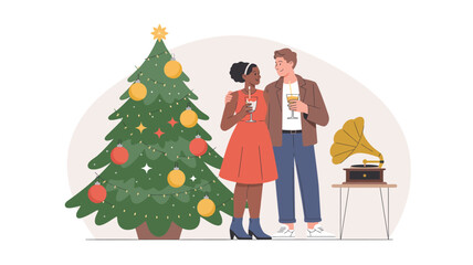  christmas celebration illustration with couple decorating tree and vintage gramophone, cozy winter holiday scene with festive atmosphere, flat vector design for greeting, event and seasonal concept