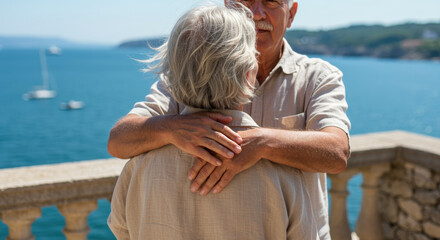 Senior couple embracing by the seaside on a sunny day, enjoying peaceful moments together with blue ocean and distant coastline