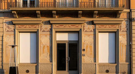 Naklejka premium Historic european facade with intricate stucco decorations and large windows illuminated by warm evening sunlight