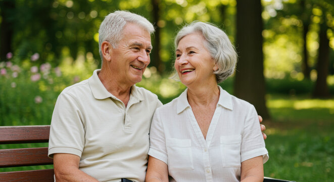 Happy elderly couple sitting together on a park bench, enjoying a sunny day surrounded by lush green trees and blooming flowers - Powered by Adobe