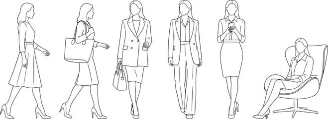 Business women line art characters set in professional outfits walking standing and sitting isolated outline vector illustration corporate lifestyle concept