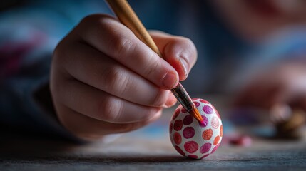 Close-Up of Child Painting Polka Dots on Egg in Natural Light
