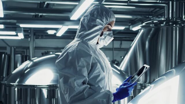 technician in protective suit and mask using digital tablet inside pharmaceutical plant, stainless steel tanks, industrial biotechnology
