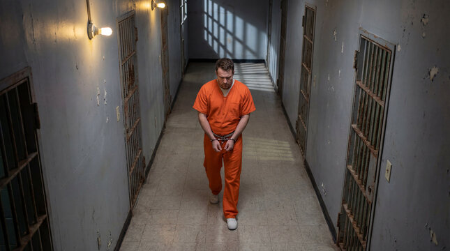 Male inmate in orange jumpsuit walking alone in dim prison corridor with handcuffs and barred cells under harsh overhead lighting