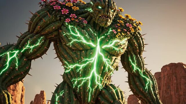 Massive Cactus Golem with Glowing Core Strides Through Desert.