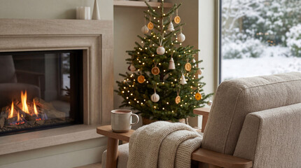 Obraz premium Cozy living room with warm fireplace and decorated christmas tree by large window overlooking snowy winter landscape
