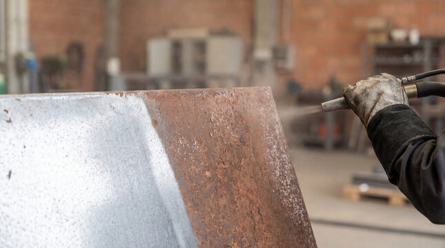 Worker using industrial sandblasting tool to remove corrosion and rust from large metal surface in manufacturing workshop