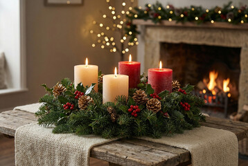 Festive christmas candle centerpiece with evergreen branches, pine cones, and red berries on rustic wooden table by cozy fireplace