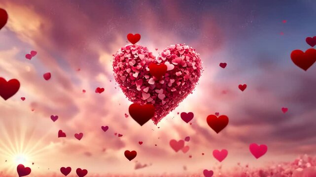 Magical explosion with red and pink hearts on blurred sky background