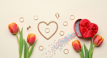 Tulips and heart shaped jewelry arrangement with gift box of colorful candies on beige background for romantic spring celebration