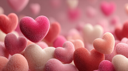 Close-up macro photography of velvety, textured hearts in pink and cream tones. A bright pink heart pops in the foreground against a softly blurred pastel background