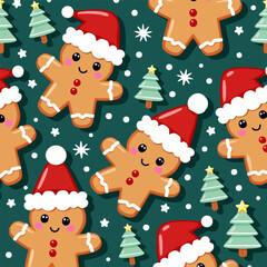 Naklejka premium Vector christmas cartoon pattern. Cute toy chocolate gingerbread in santa claus hat, snowflake, new year tree, star on blue background. Fashion design for children notebook, fabric, paper, textiles.