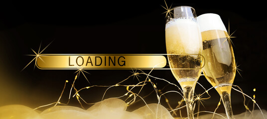 Loading New Year Eve toast to 2026 pour champagne glasses or sparkling wine with splashing champagner.	