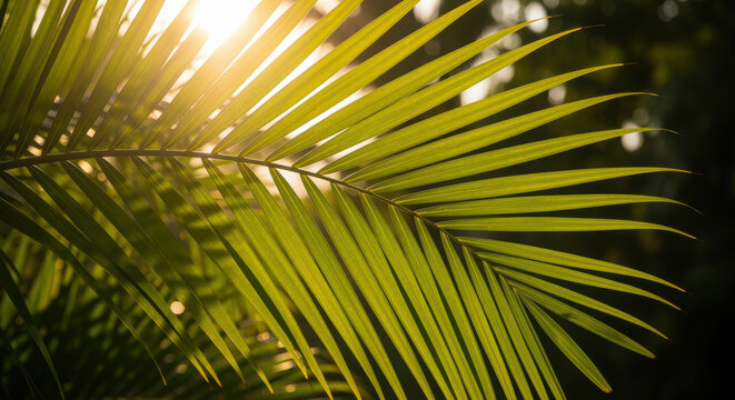 Golden sunlight shining through lush green palm frond leaves in tropical garden creating natural abstract pattern and bright summer mood