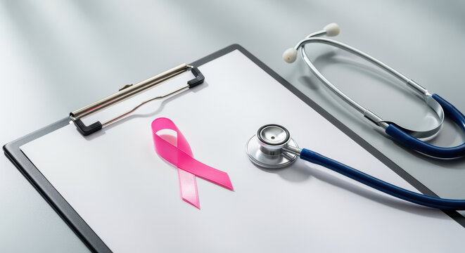 Pink ribbon on medical clipboard with stethoscope symbolizing breast cancer awareness, prevention, diagnosis and healthcare support - Powered by Adobe