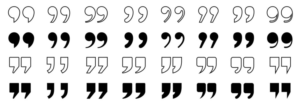 Quotation marks icon buttons set, inverted commas or talking marks, quote speech marks in solid and outline style