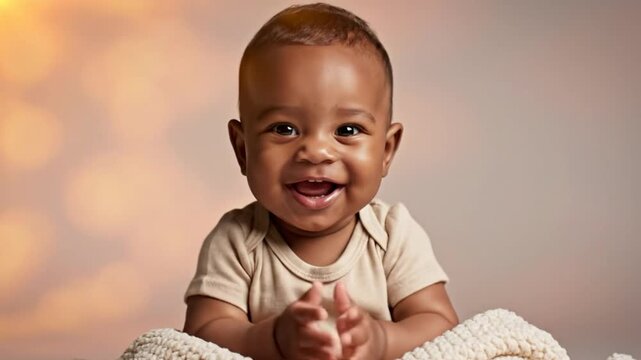 Happy laughing baby clapping hands with joy, adorable infant playing and having fun on a cozy blanket