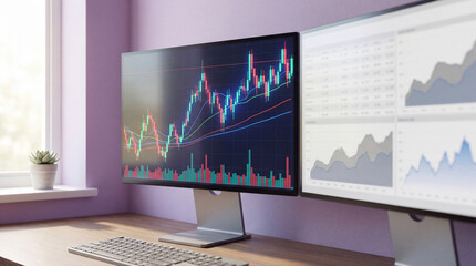Dual monitors displaying colorful financial trading charts with rising candlestick graphs, technical indicators, and market analytics in home office