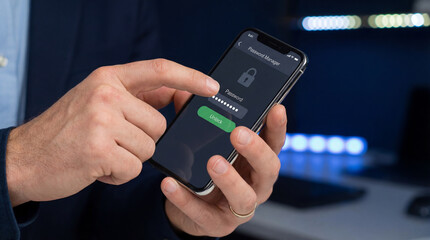 Man using smartphone password manager app with secure login screen and fingerprint authentication in modern office environment
