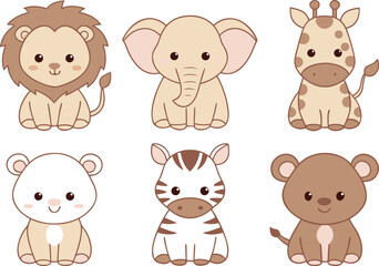 Neutral Nursery Safari Animals Illustration. Safari Animals Design in Soft Neutral Nursery Style. Cute Safari Animals Artwork for Neutral Nursery. Baby Nursery Safari Animals in Calm Natural Tones