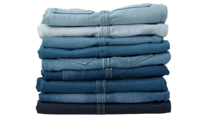 Stack of Blue Denim Jeans Folded Neatly on White Background