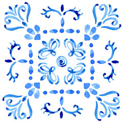 A hand-drawn watercolor blue square with a Mediterranean-style ornament. Blue and white title design in azulejo style use as print, decoration, postcard, element design, textile, package, fabric.