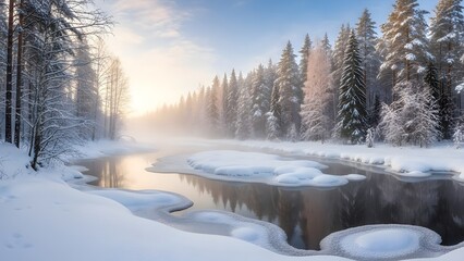 Serene winter forest by a frozen river