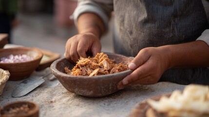 Person's hands holding a large clay bowl filled with shredded meat. the person is wearing a striped apron and appears to be preparing a dish.