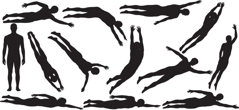 Swimmer Silhouettes In Various Diving Poses Set. vector, illustration