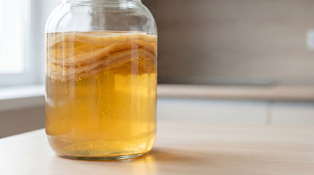 Glass jar with kombucha and layered scoby fermenting on a light wooden kitchen countertop in natural soft daylight