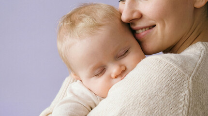 Smiling young mother gently hugging sleeping baby in cozy sweater against soft pastel background with peaceful tender expression