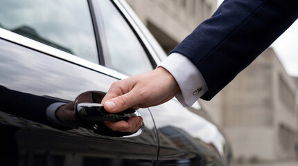 Businessman opening luxury car door with confident hand gesture in urban city environment, emphasizing elegance and transportation