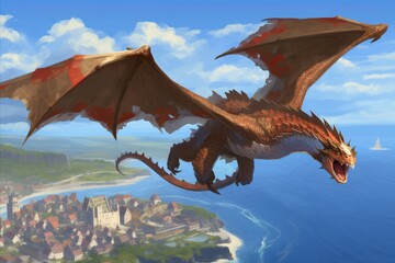 a dragon is flying over a city near the ocean