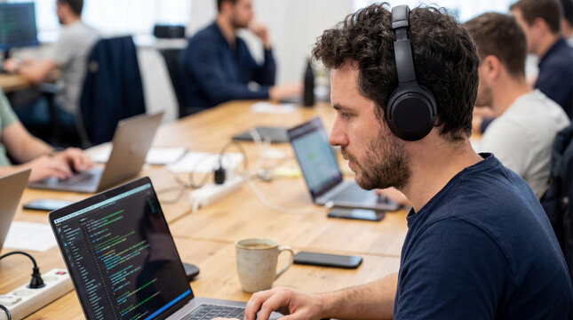 Focused software developer wearing headphones coding on laptop in modern open plan office with collaborative programming team