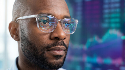 focused analyst with transparent glasses observing digital financial charts and colorful market graphs on large futuristic screen