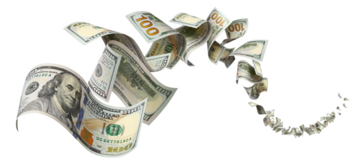 Flying hundred dollar bills, isolated on transparent cutout background