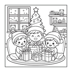 Christmas-themed, fully detailed black and white coloring pages with Christmas elements in a cute style for adults and teens.