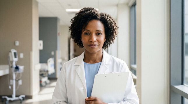 Confident female doctor standing in bright hospital corridor holding medical clipboard and smiling calmly at camera - Powered by Adobe