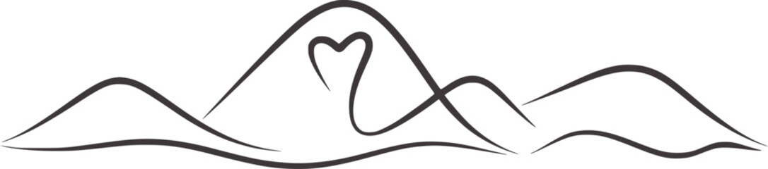 Minimalist black and white line of mountain range with heart shape