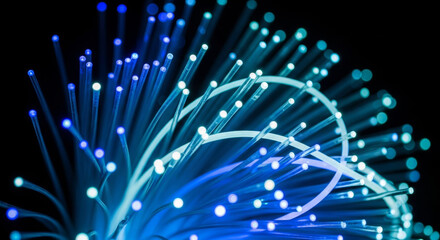 Abstract blue glowing optical fibers background for high speed technology networkBlank cream canvas tote bag mockup on woman shoulder with copy space for design