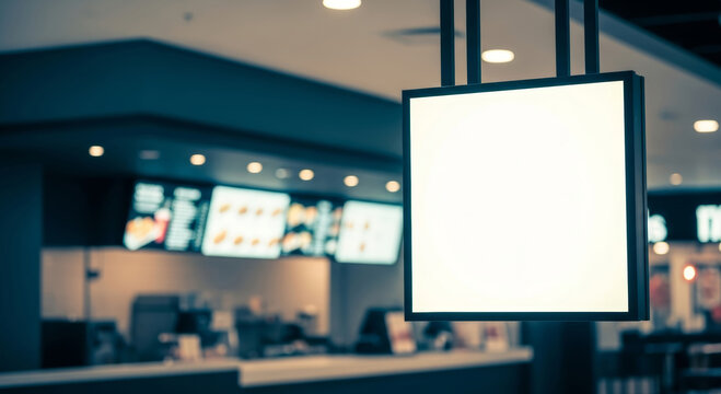 Blank square hanging signage mockup in fast food restaurant with copy space