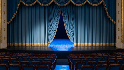 Empty theater stage with blue curtains and rows of seats, spotlight shining bright