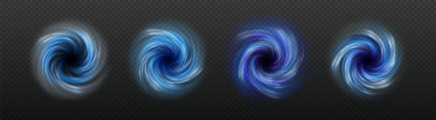 Tornado funnel set, top view, hurricane wind flow, purple and blue, transparent dark background.