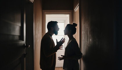 Generated image. Couple arguing in a dimly lit hallway during evening hours while shadows create a tense atmosphere