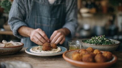 Person's hands holding a plate of falafel, which is a type of middle eastern dish. the person is wearing a blue apron and is standing in front of a wooden table with other dishes on it.