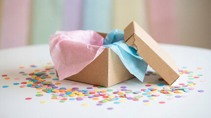 Open kraft gift box with pastel tissue paper and colorful confetti on white surface for celebration or party decoration