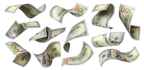 Set of flying 100 dollars banknotes, isolated on transparent cutout background