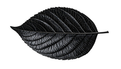 A single, textured, dark leaf with prominent veins on a solid black background